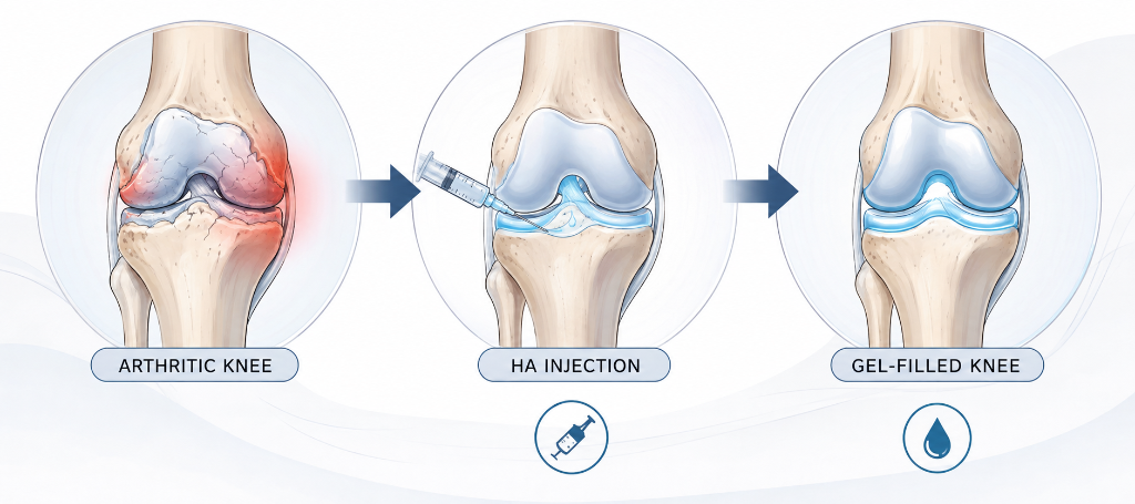 Knee Gel Injection Viscosupplementation Process - Arthritic Knee to Gel-Filled Knee